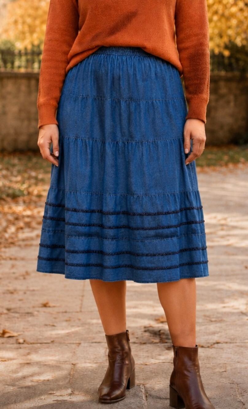 Studio West Blue Tiered Rayon midi Skirt Boho Prairie Embroidered Trim cottage L